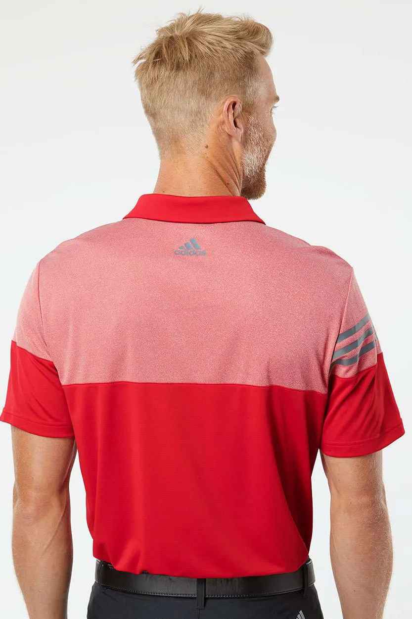 Adidas Mens 3 Stripes Colorblock Moisture Wicking Short Sleeve Polo Shirt - Power Red - Closeout