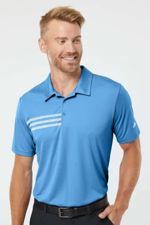 Adidas Mens 3 Stripes UPF 50  Short Sleeve Polo Shirt - Lucky Blue/White