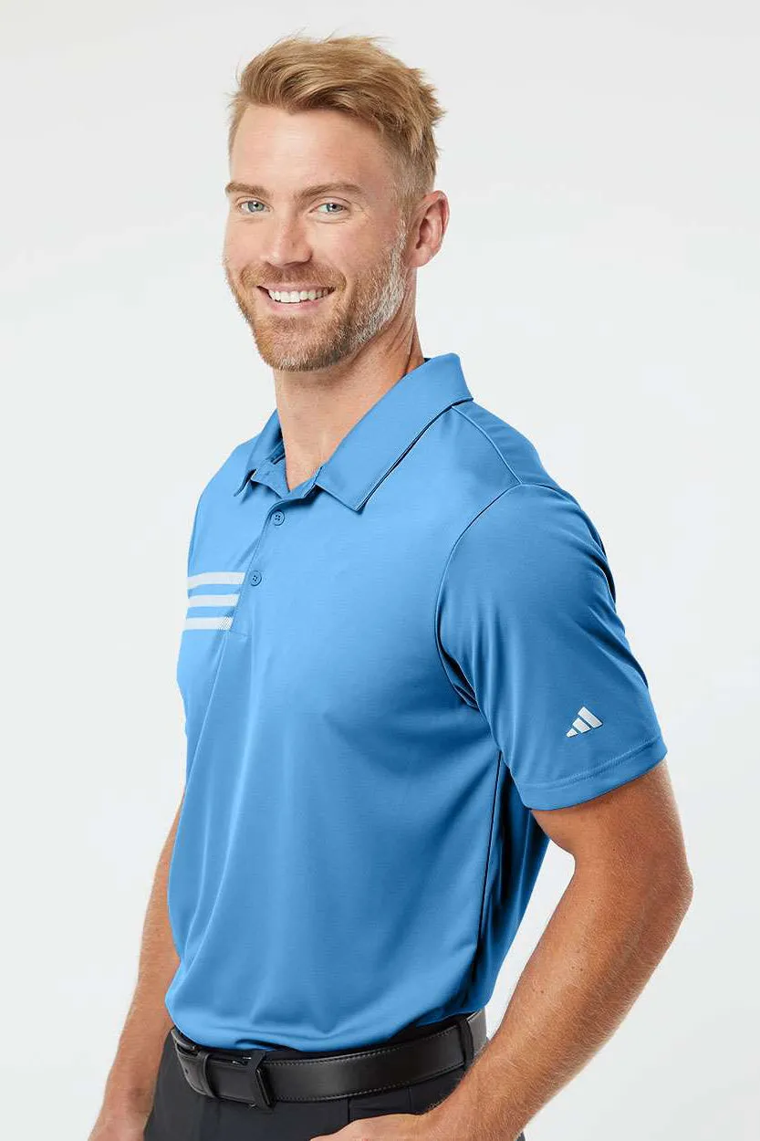 Adidas Mens 3 Stripes UPF 50  Short Sleeve Polo Shirt - Lucky Blue/White