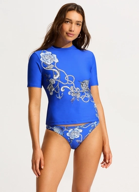 Ahoy Short Sleeve Rashvest - Azure two-piece bikinis for women, trendy bikinis for beachwear