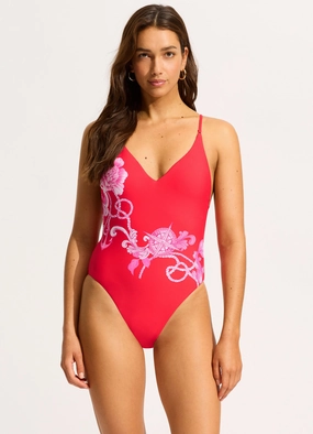 Ahoy V Neck One Piece - Chilli Red slimming one piece swimsuits, fashionable one piece suits
