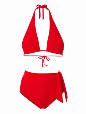 Allison Top   Side Tie High Waist Bottom in Cherry Red bikini bottom with tie sides, swim top for sunbathing