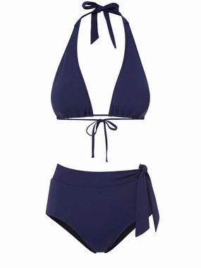 Allison Top   Side Tie High Waist in Navy Satin bikini bottom with tie sides, swim top for sunbathing