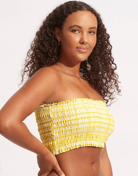 Amalfi Check Shirred Longline Bandeau Bikini Top - Lime Light stylish swimwear tops, womens beach tops