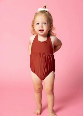 Amber Brown | Baby Romper One-Piece girls full coverage swimwear, kids swimwear for pool