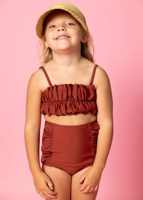 Amber Brown | Mini Down in Front Ruffle Bottoms girls full coverage swimwear, kids swimwear for pool