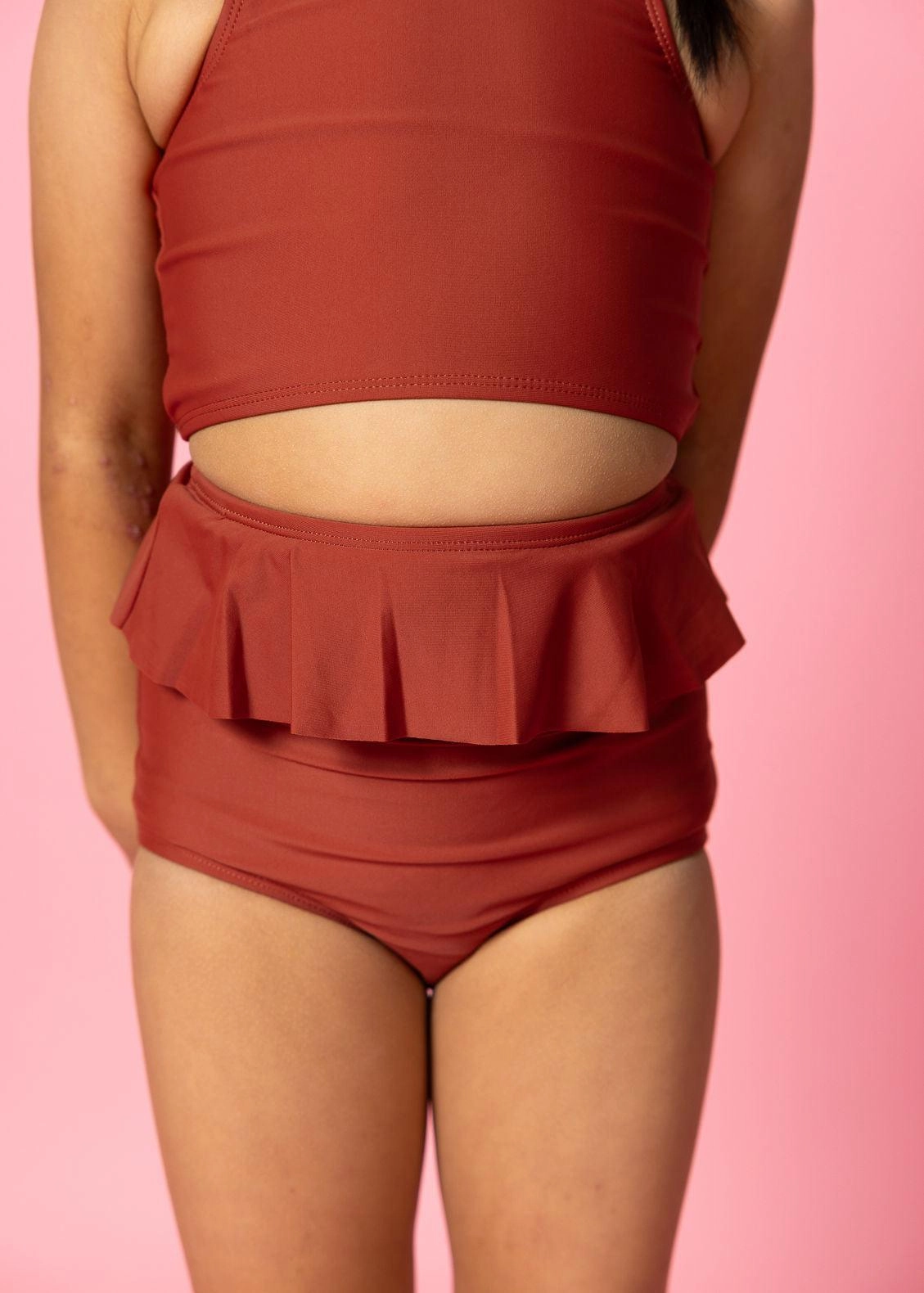 Amber Brown | Mini Peplum Bottoms girls full coverage swimwear, kids swimwear for pool