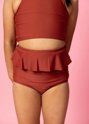 Amber Brown | Mini Peplum Bottoms girls full coverage swimwear, kids swimwear for pool