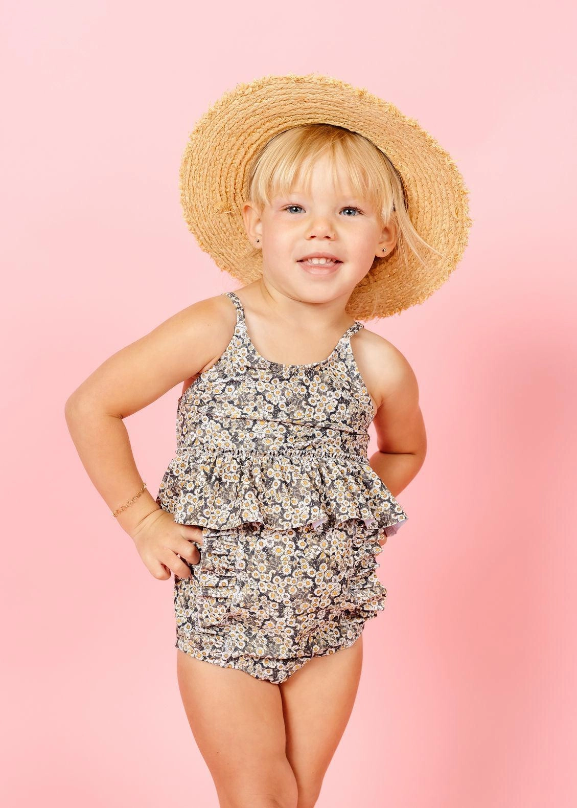 Antique Daisy | Mini Down in Front Ruffle Bottoms girls full coverage swimwear, kids swimwear for pool