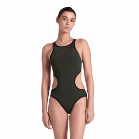 Arena ONE Big Logo One Piece Ladies Swimsuit - Dark Sage/Black swim training suits women, performance one piece swimsuits