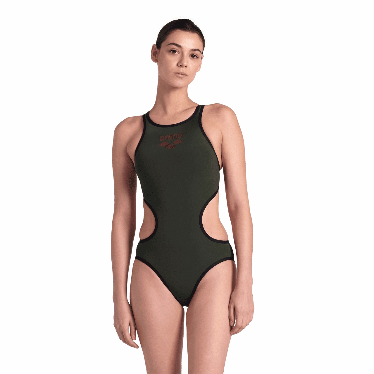Arena ONE Big Logo One Piece Ladies Swimsuit - Dark Sage/Black swim training suits women, performance one piece swimsuits