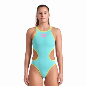 Arena ONE Big Logo One Piece Ladies Swimsuit - Water/Green swim training suits women, performance one piece swimsuits