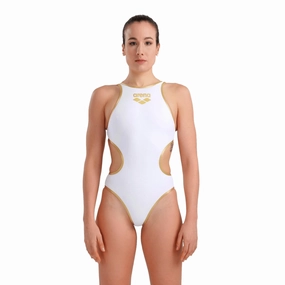 Arena ONE Big Logo One Piece Ladies Swimsuit - White/Gold swim training suits women, performance one piece swimsuits