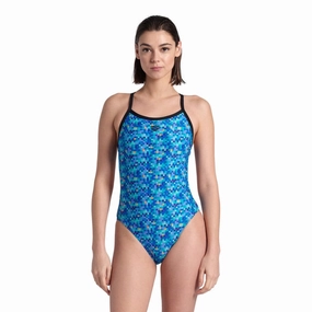 Arena Pool Tiles Lightdrop Back Womens Swimsuit - Black/Blue Multi swim training suits women, performance one piece swimsuits
