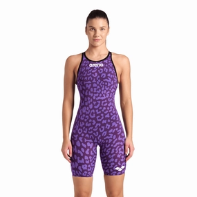 Arena Powerskin Carbon Air 2 Open Back Women's Kneeskin - Limited Edition Leopard Violet swim training suits women, performance one piece swimsuits