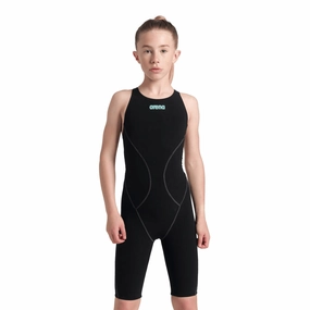 arena Powerskin Impulso Junior Girls Open Back Kneeskin - Black Teal swim training suits women, performance one piece swimsuits
