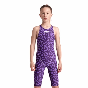 Arena Powerskin ST NEXT Girls Kneeskin Limited Edition - Leopard Violet performance swimwear for women, athletic swimsuits