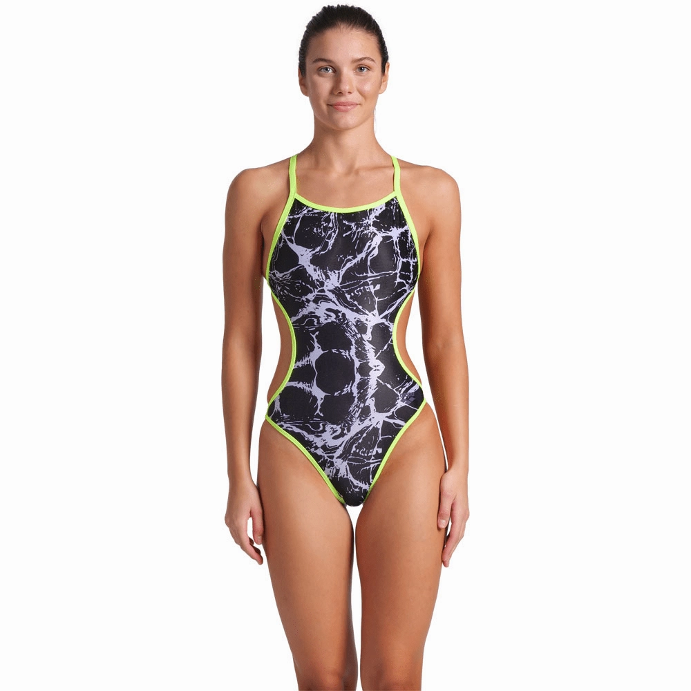 Arena Womens Hooked Reversible Swimsuit - Black Multi/Plum/Arctic Lime swim training suits women, performance one piece swimsuits