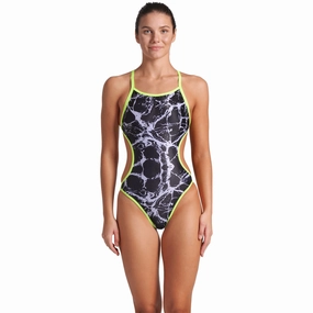 Arena Womens Hooked Reversible Swimsuit - Black Multi/Plum/Arctic Lime swim training suits women, performance one piece swimsuits