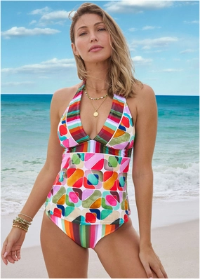 Athens Halter Tankini - Watercolor Geo Combo supportive swim tops, printed bikini tops