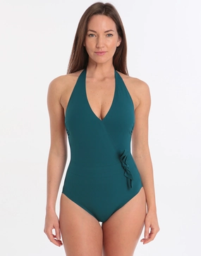 Au Naturel Wrap and Bow Surplice One Piece - Teal Green pool-ready swimwear for women, trendy swimwear collection