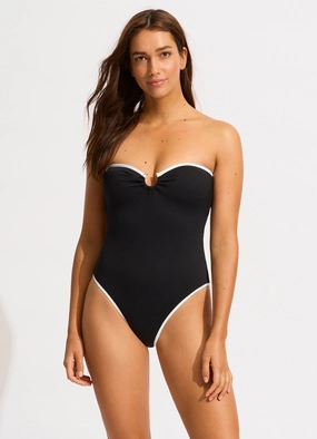 Beach Bound Ring Front Bandeau One Piece - Black slimming one piece swimsuits, fashionable one piece suits
