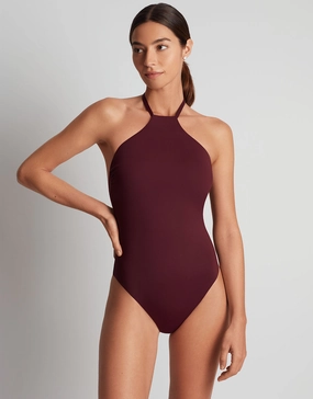Beach Club Solids High Neck Swimsuit - Claret padded swimwear for women, padded bikini tops
