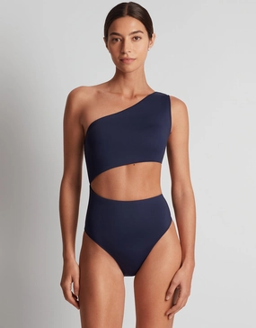 Beach Club Solids One Shoulder Cutout Swimsuit - Dark Navy padded swimwear for women, padded bikini tops