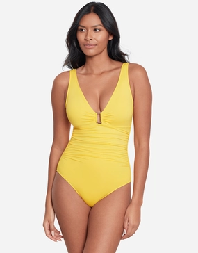 Beach Club Solids Ring Front Swimsuit - Yellow underwired swimsuits for women, supportive swimwear tops