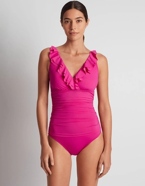 Beach Club Solids Ruffle Surplice Underwired Swimsuit - Freesia Pink padded swimwear for women, padded bikini tops