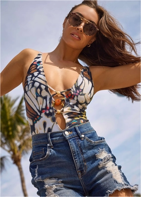 Beaded Plunging One-Piece  - Butterfly Cheetah classic one piece swimwear, stylish single piece swimsuits