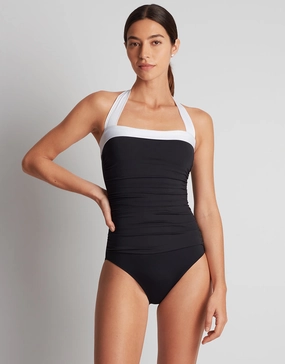 Bel Air Shirred Bandeau Mio Swimsuit - Black and White bandeau swimsuits for women, strapless swimwear tops