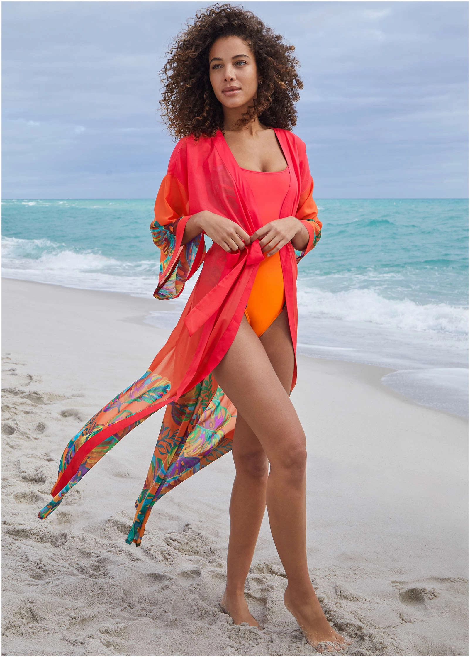 Belted Kimono Cover-Up - Tropical Sunset Border