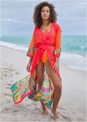 Belted Kimono Cover-Up - Tropical Sunset Border swimwear for all body types, comfortable womens beachwear