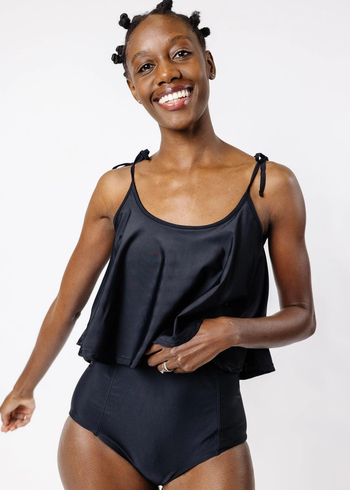 Black | Extended High-Waisted Bottoms elastic waistband swim bottoms, mix-and-match bikini bottoms