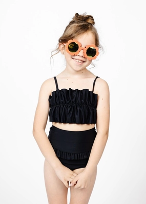 Black | Mini Mid-Ruffle Bottoms girls full coverage swimwear, kids swimwear for pool