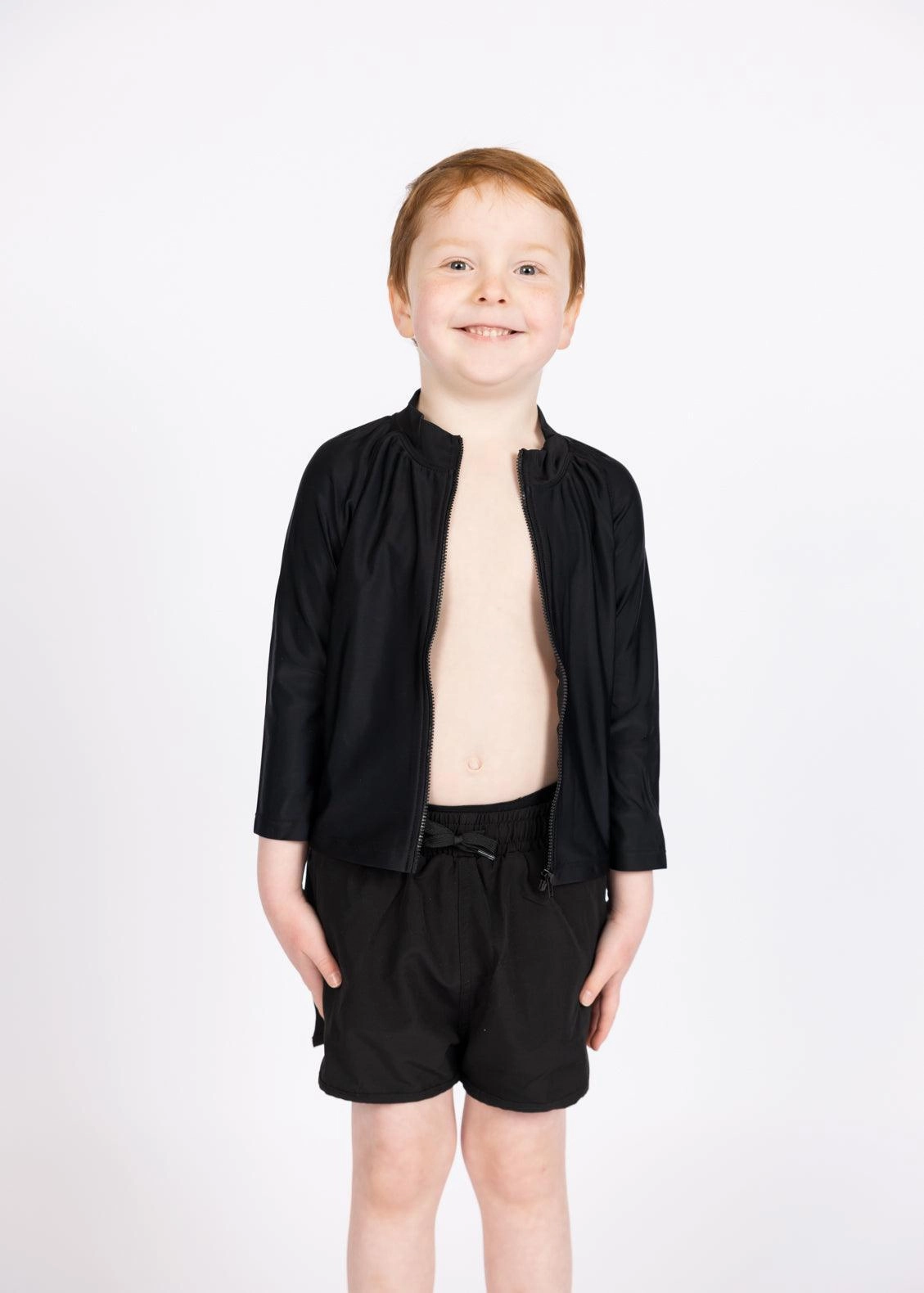 Black | Mini Rashguard Top (Unisex) with Zipper girls full coverage swimwear, kids swimwear for pool