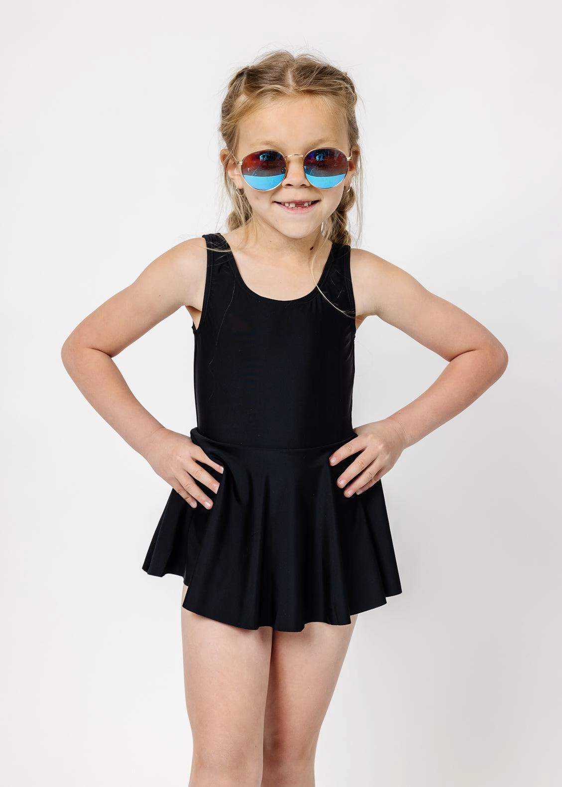 Black | Mini Skirted One-Piece girls full coverage swimwear, kids swimwear for pool