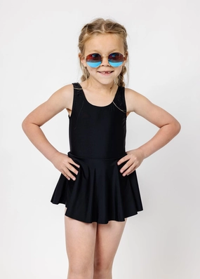 Black | Mini Skirted One-Piece girls full coverage swimwear, kids swimwear for pool