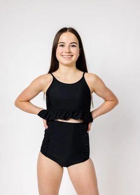 Black | Youth Down in Front Ruffle Bottoms girls full coverage swimwear, kids swimwear for pool