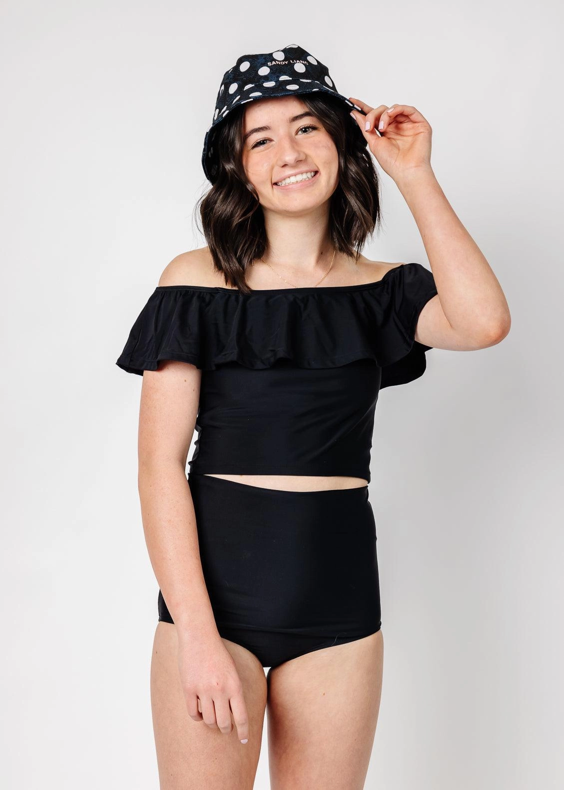 Black | Youth High-Waisted Bottoms girls full coverage swimwear, kids swimwear for pool