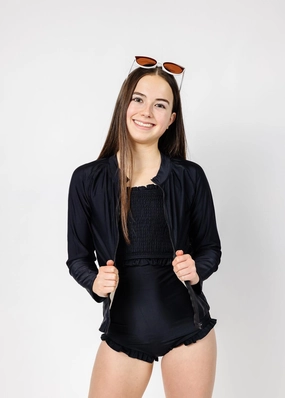 Black | Youth Rashguard Top (Unisex) with Zipper boys summer swimwear, boys rash guard swim sets