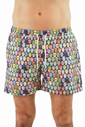 Black with Multicolor Wrestler Masks mens beach swimwear, quick dry mens swimsuits