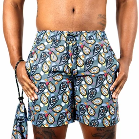 Black with Teal Grid & Jumbo Paisley mens beach swimwear, quick dry mens swimsuits