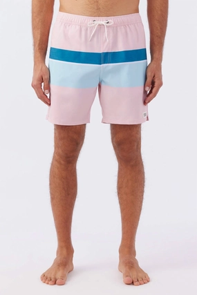 Block Volley Elastic Waist 17" Swim Trunks In Pink Dust mens beach swimwear, quick dry mens swimsuits
