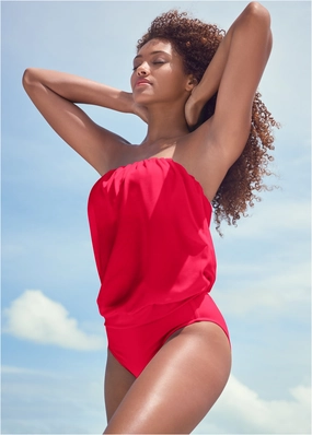 Blouson Bandeau Tankini - Red Hot supportive swim tops, printed bikini tops