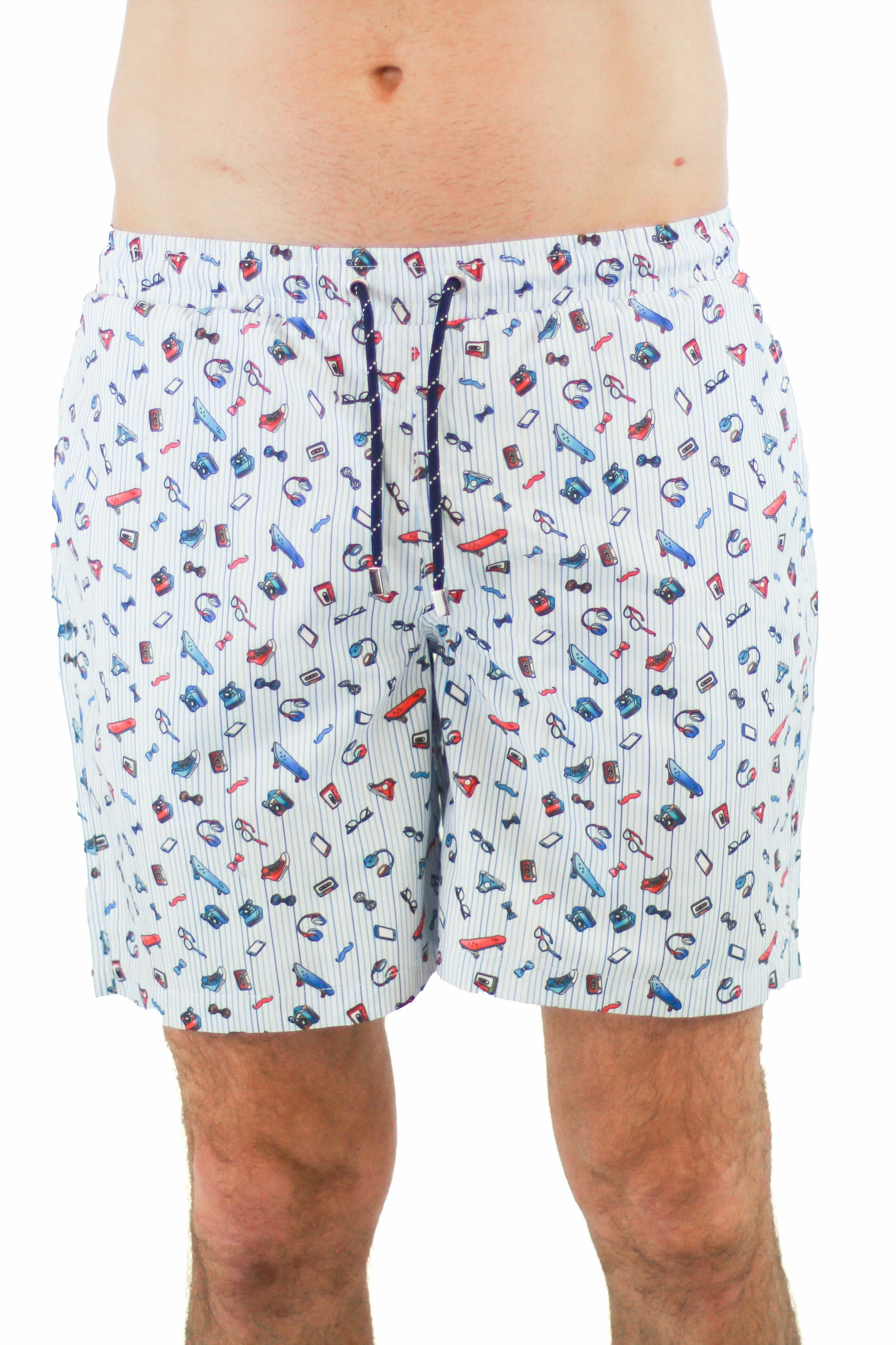 Blue and White Stripes with 90's Retro Print mens beach swimwear, quick dry mens swimsuits
