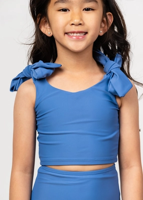 Blue Denim | Mini Knot Top girls full coverage swimwear, kids swimwear for pool