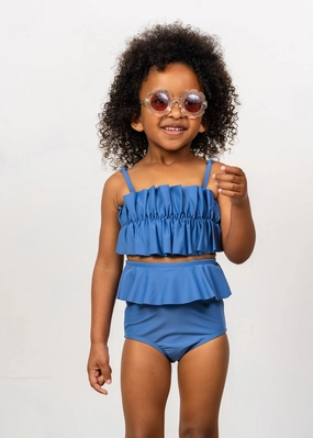 Blue Denim | Mini Oversized Ruffle Top girls full coverage swimwear, kids swimwear for pool