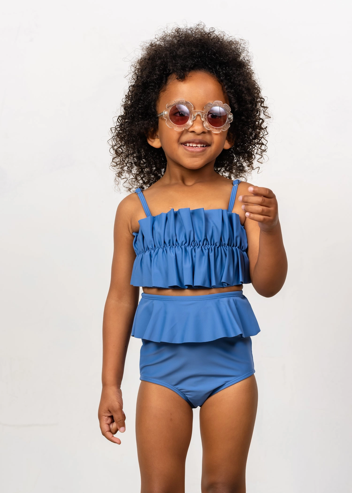 Blue Denim | Mini Oversized Ruffle Top girls full coverage swimwear, kids swimwear for pool